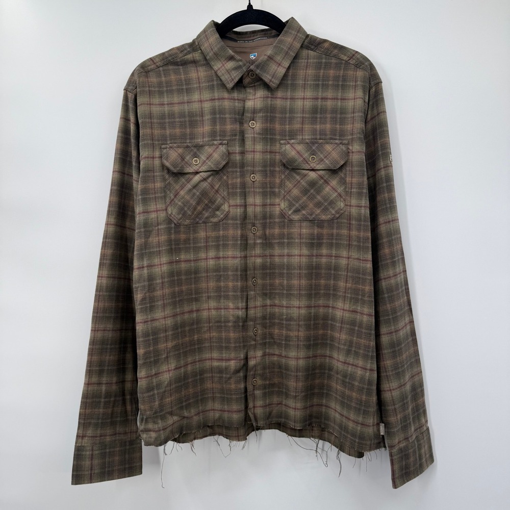 KUHL Mens Large Button Down Shirt Green Plaid Raw Hem Distressed Long Sleeve